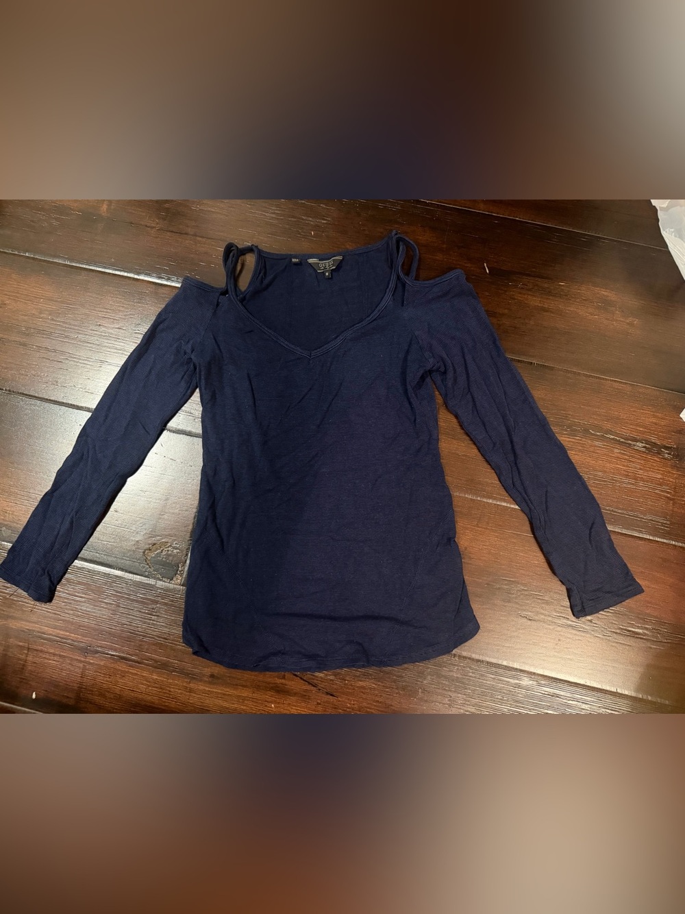 Guess Navy Cold-Shoulder Long Sleeve V-Neck Top